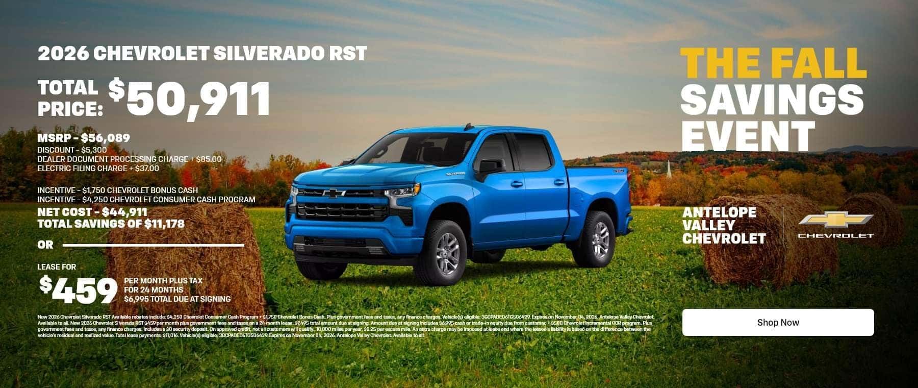 2026 CHEVROLET SILVERADO RST POTAL 50,911 PRICE: MSRP- $56,089 DISCOUNT - $5,300 DEALER DOCUMENT PROCESSING CHARGE + $85.00 ELECTRIC FILING CHARGE + $37.00 INCENTIVE - $1,750 CHEVROLET BONUS CASH INCENTIVE - $4,250 CHEVROLET CONSUMER CASH PROGRAM NET COST - $44,911 TOTAL SAVINGS OF $11,178