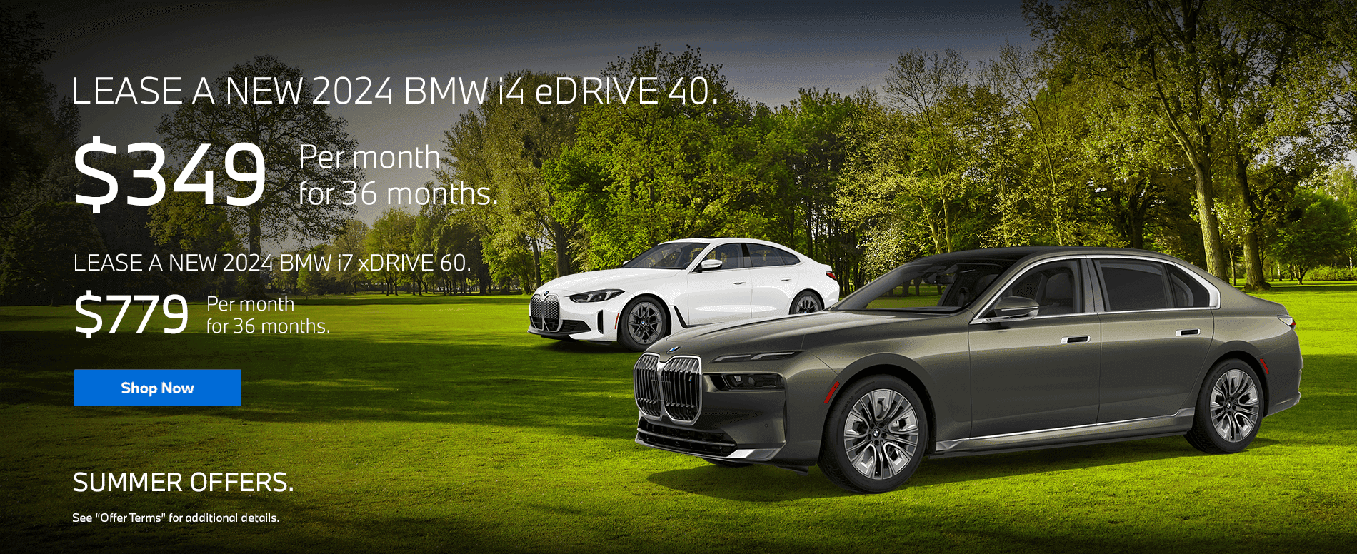 2024 BMW i4 eDrive 40 Lease for $349/month for 36 months Subtext 2024 BMW i7 xDrive 60 Lease for $779/month for 36 months