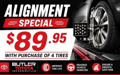 Butler Toyota Jacksonville wheel alignment service coupon for $89.95 with the purchase of four tires to improve tire life, vehicle handling, and ride quality.