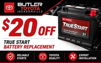 Butler Toyota Jacksonville service coupon offering $20 off Toyota TrueStart battery replacement with genuine Toyota battery installation by certified technicians.