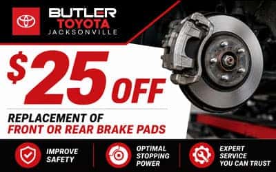 Butler Toyota Jacksonville service coupon for $25 off front or rear brake pad replacement featuring genuine Toyota brake service for improved stopping power and safety.