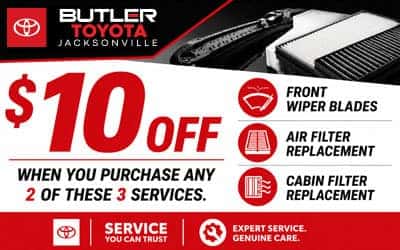 Butler Toyota Jacksonville service coupon for $10 off when purchasing any two of these three services: front wiper blades, engine air filter replacement, or cabin air filter replacement.