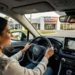 Customer test-driving a Toyota SUV near Butler Toyota Jacksonville, with the sales associate in the passenger seat and dashboard features visible.