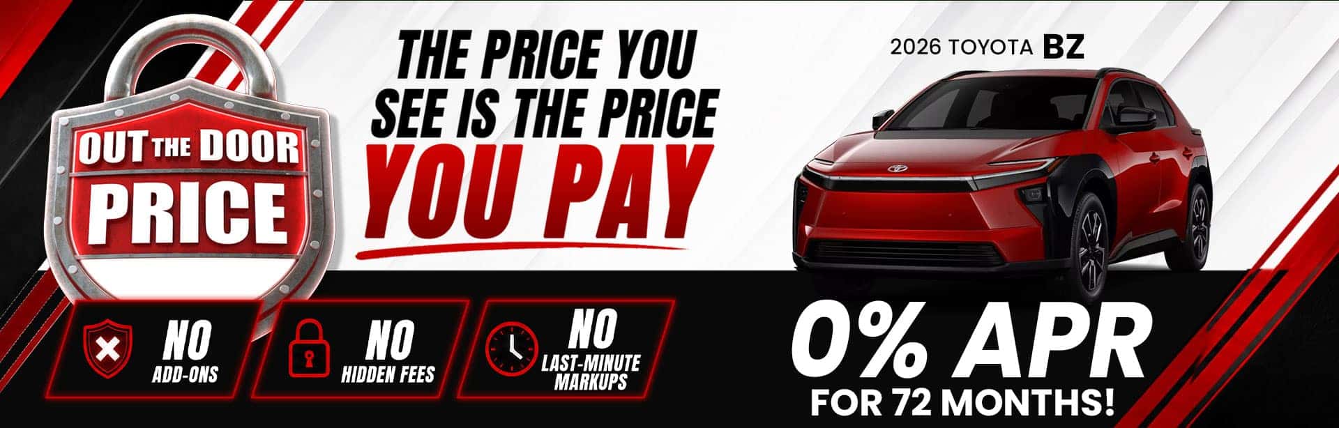 Shop the 2026 Toyota bZ with 0% APR for 72 months and transparent Out the Door Price Lock pricing at Butler Toyota Jacksonville.