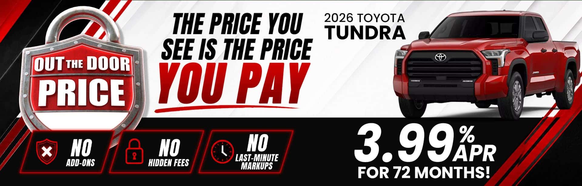 Get behind the wheel of a new 2026 Toyota Tundra with 3.99% APR for 72 months and no hidden fees at Butler Toyota Jacksonville.