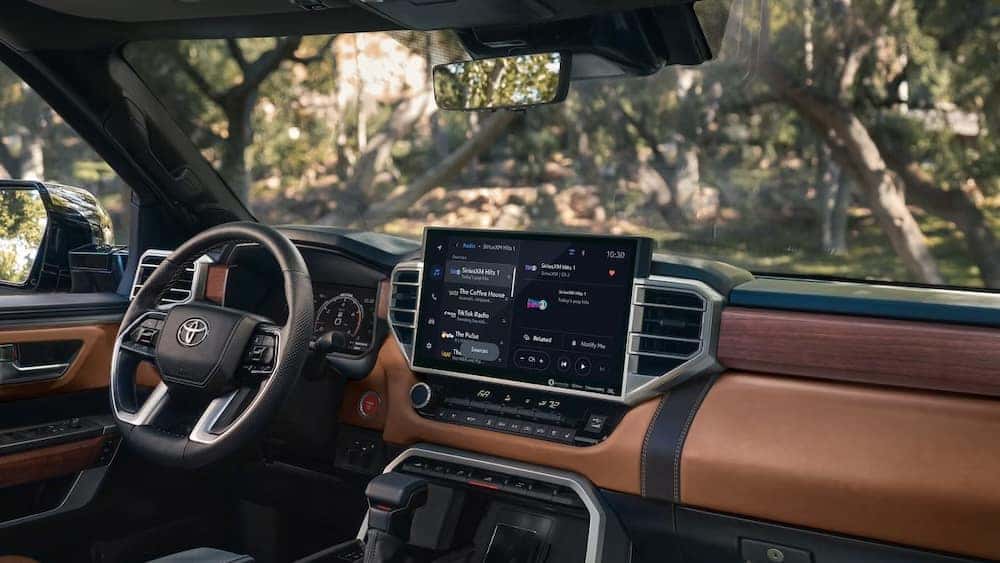 The dashboard of a 2026 Toyota Tundra pickup truck, featuring a large touchscreen display