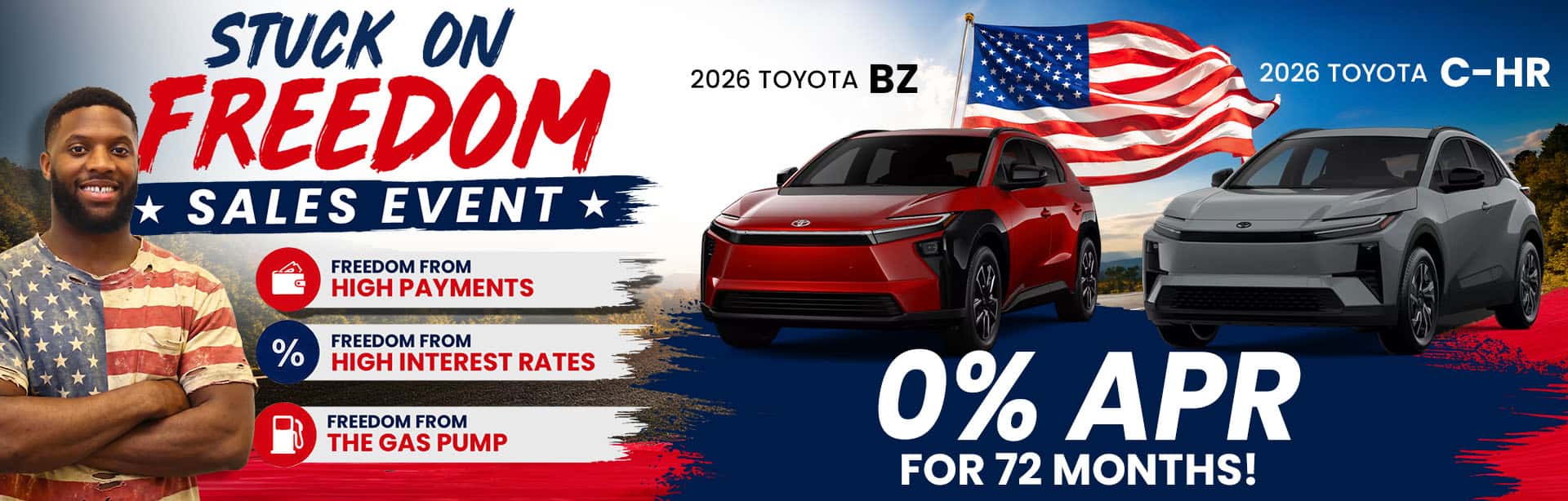 Experience electric freedom with the 2026 Toyota bZ and all-new Toyota C-HR. Get 0% APR for 72 months and enjoy advanced EV technology, sleek modern styling, and zero-emission driving designed to help you save on fuel and financing.