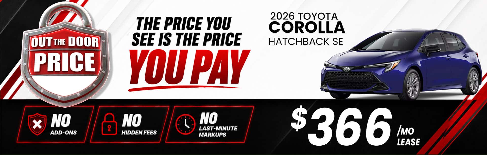 Drive the sporty 2026 Toyota Corolla Hatchback SE for only $366 per month with no hidden fees at Butler Toyota Jacksonville.