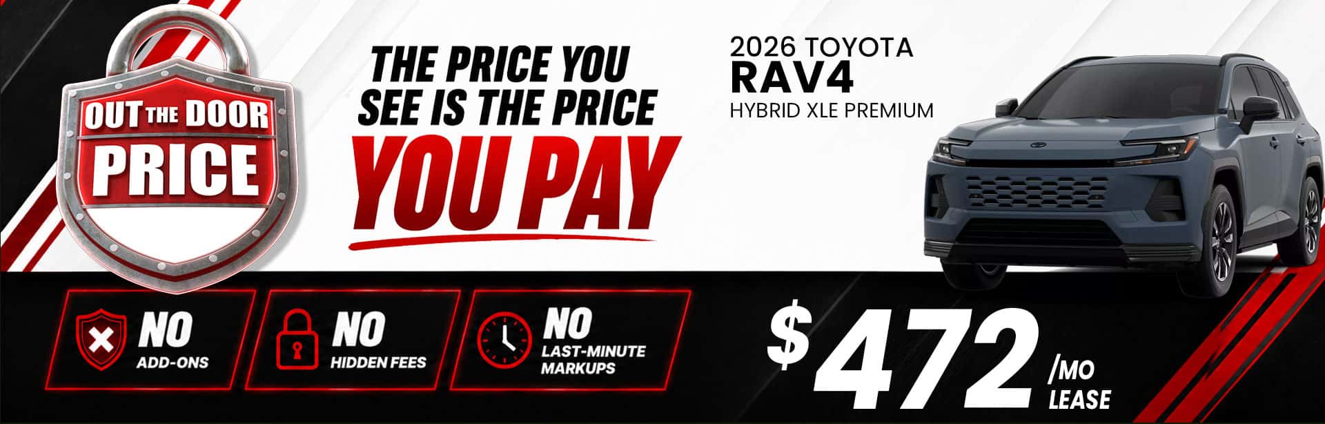 Lease the 2026 Toyota RAV4 Hybrid XLE Premium for just $472 per month with Butler Toyota Jacksonville's Out the Door Price Lock and transparent pricing.