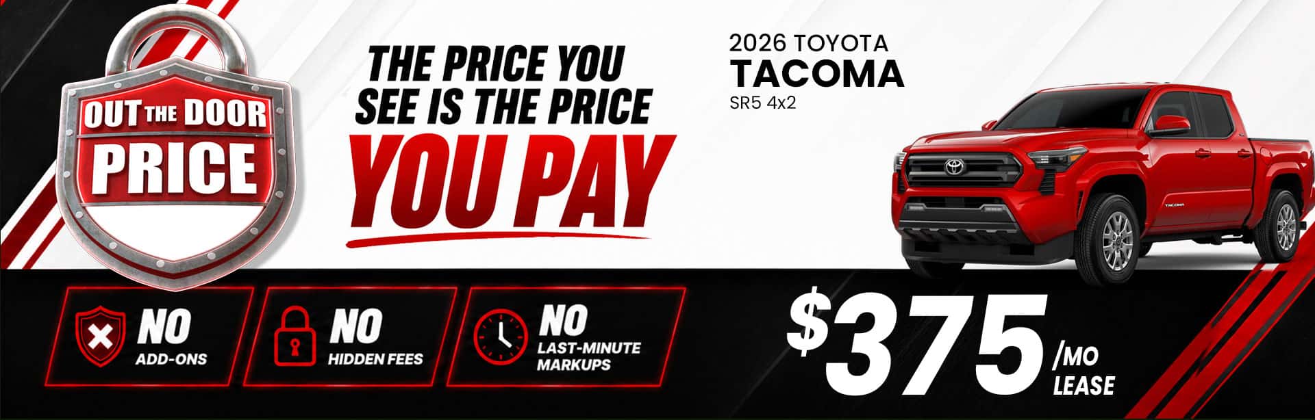 Lease the 2026 Toyota Tacoma SR5 4x2 for $375 per month with straightforward pricing and no surprise add-ons at Butler Toyota Jacksonville.