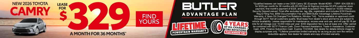 New 2026 Toyota Camry / ALSO INCLUDED BUTLER ADVANTAGE PLAN LIFETIME POWERTRAIN WARRANTY**, 4 YEARS OF OIL CHANGES + TIRE ROTATIONS PLUS WINDOW TINT (use the BAP logo)