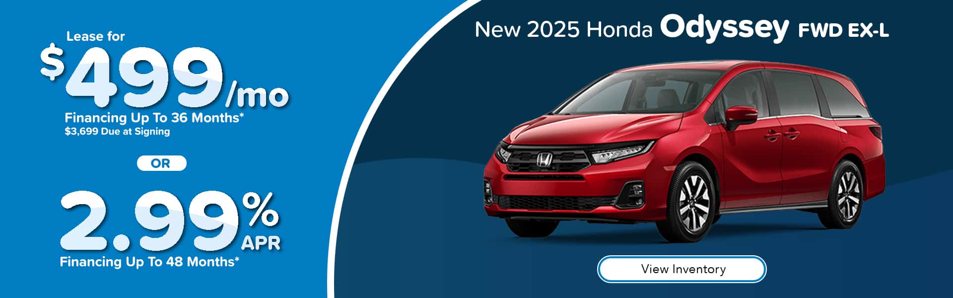 Lease a new 2025 Honda Odyssey for $499 per month in Huntersville, NC