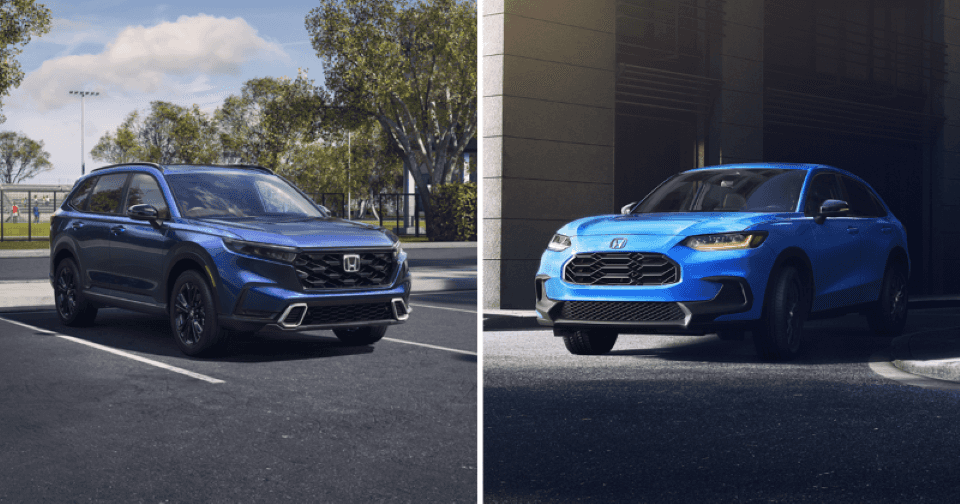Dark blue Honda CR-V (left), bright blue Honda HR-V (right)