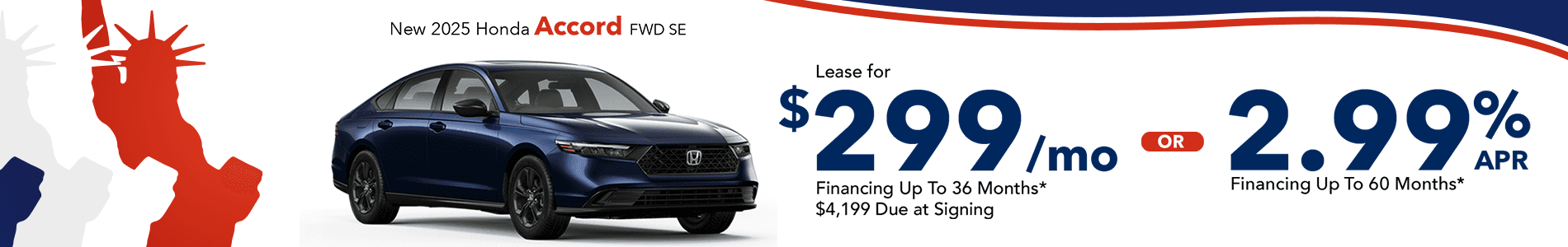 Lease a new 2025 Honda Accord for $299 per month in Huntersville, NC 