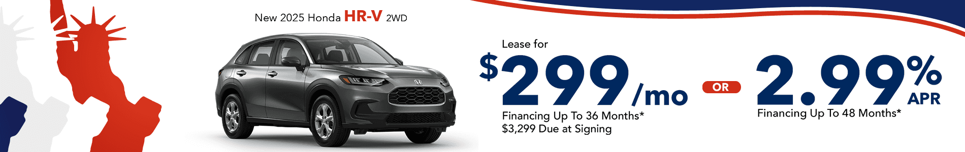 Lease a new 2025 Honda HR-V for $299 per month in Huntersville, NC 