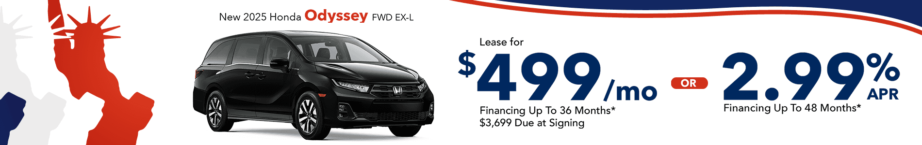 Lease a new 2025 Honda Odyssey for $499 per month in Huntersville, NC