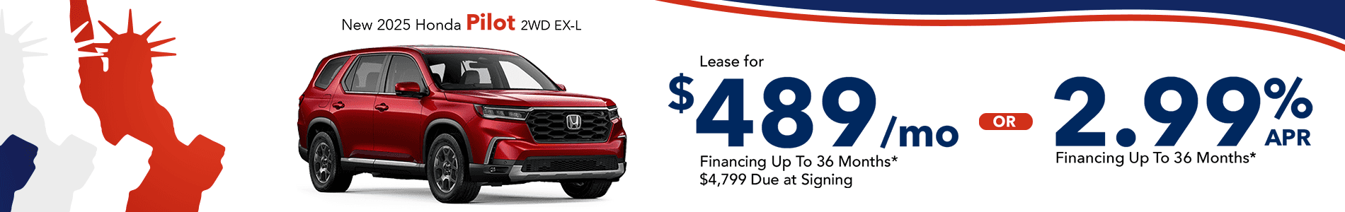 Lease a new 2025 Honda Pilot for $489 per month in Huntersville, NC
