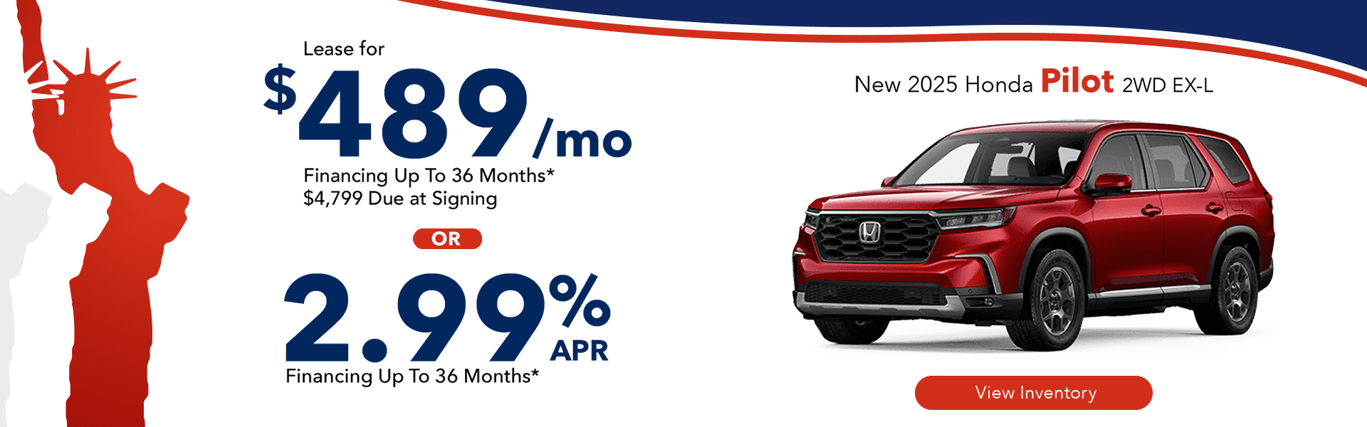 Lease a new 2025 Honda Pilot for $489 per month in Huntersville, NC