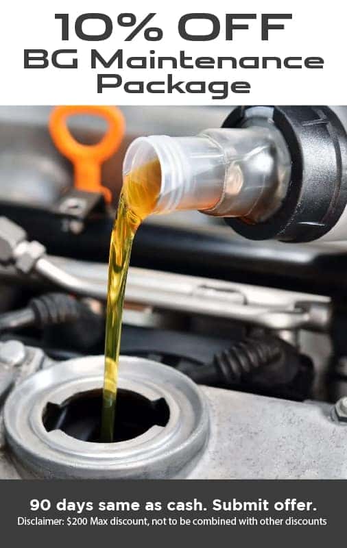 A service Technician stands above a car hood. Text reads 10% Off BG Maintanance Package