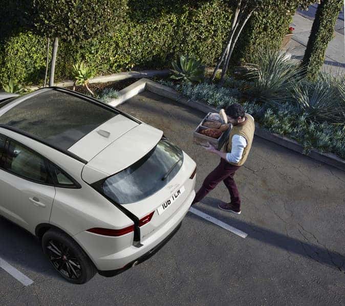 A person loads groceries into a parked white Jaguar.