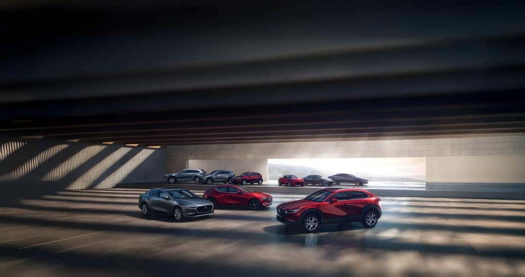 2025 Mazda model lineup parked in an oceanside warehouse