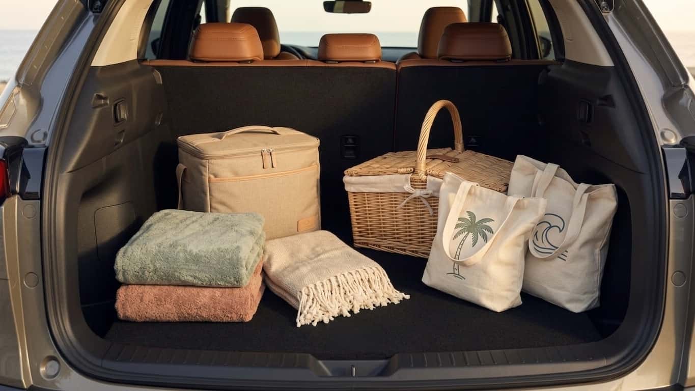 Open rear cargo area of a 2026 Mazda CX-50 with woven picnic basket, canvas tote bags with coastal graphics, folded towels, soft blanket, and cooler neatly arranged to show wide, flat cargo space in warm natural light