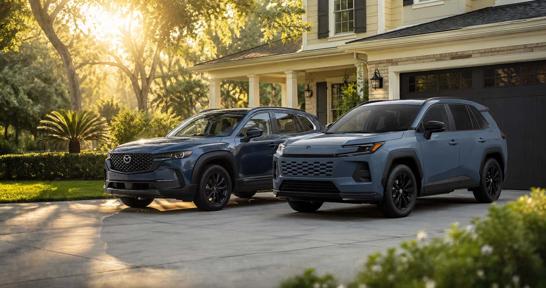 Blue Mazda CX‑50 Hybrid and blue Toyota RAV4 Hybrid SUVs parked in driveway at sunrise highlighting design and trim differences.