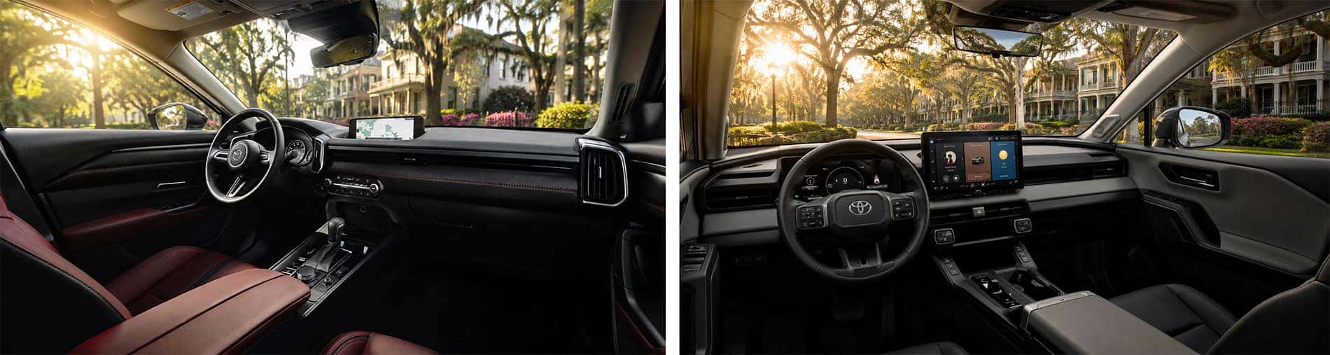Side by side view of Mazda CX‑50 and Toyota RAV4 cabins showing dashboard layouts touchscreen displays and trim materials.