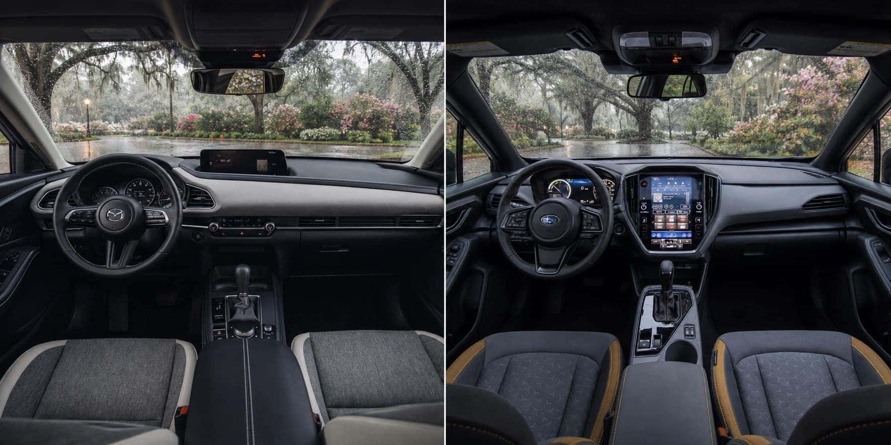 Side by side view of Mazda CX‑30 and Subaru Crosstrek cabins showing dashboard layouts touchscreen displays and steering wheel designs with rain outside.