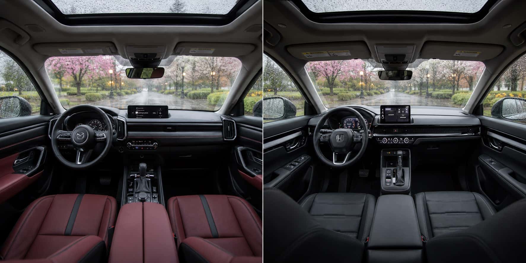 Side by side view of Mazda CX‑50 Hybrid and Honda CR‑V Hybrid cabins showing dashboard layouts touchscreen displays and steering wheel designs with rain outside.