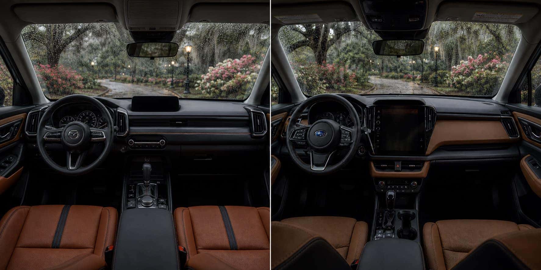 Side by side view of Mazda CX‑50 and Subaru Outback cabins showing dashboard layouts touchscreen displays and steering wheel designs with rain outside.