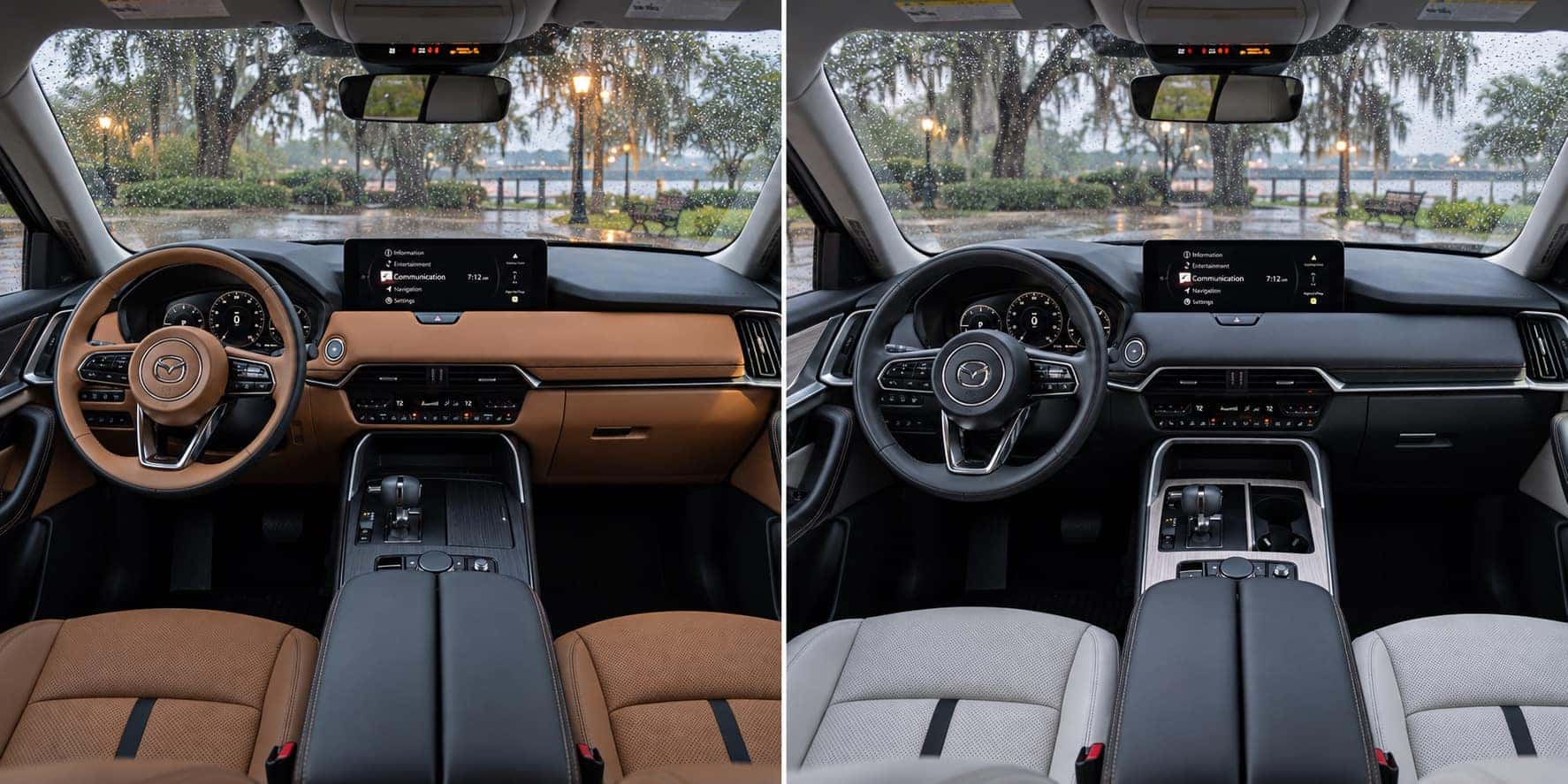 2026 Mazda CX-70 and 2026 Mazda CX-90 interiors shown side by side on a rainy day
