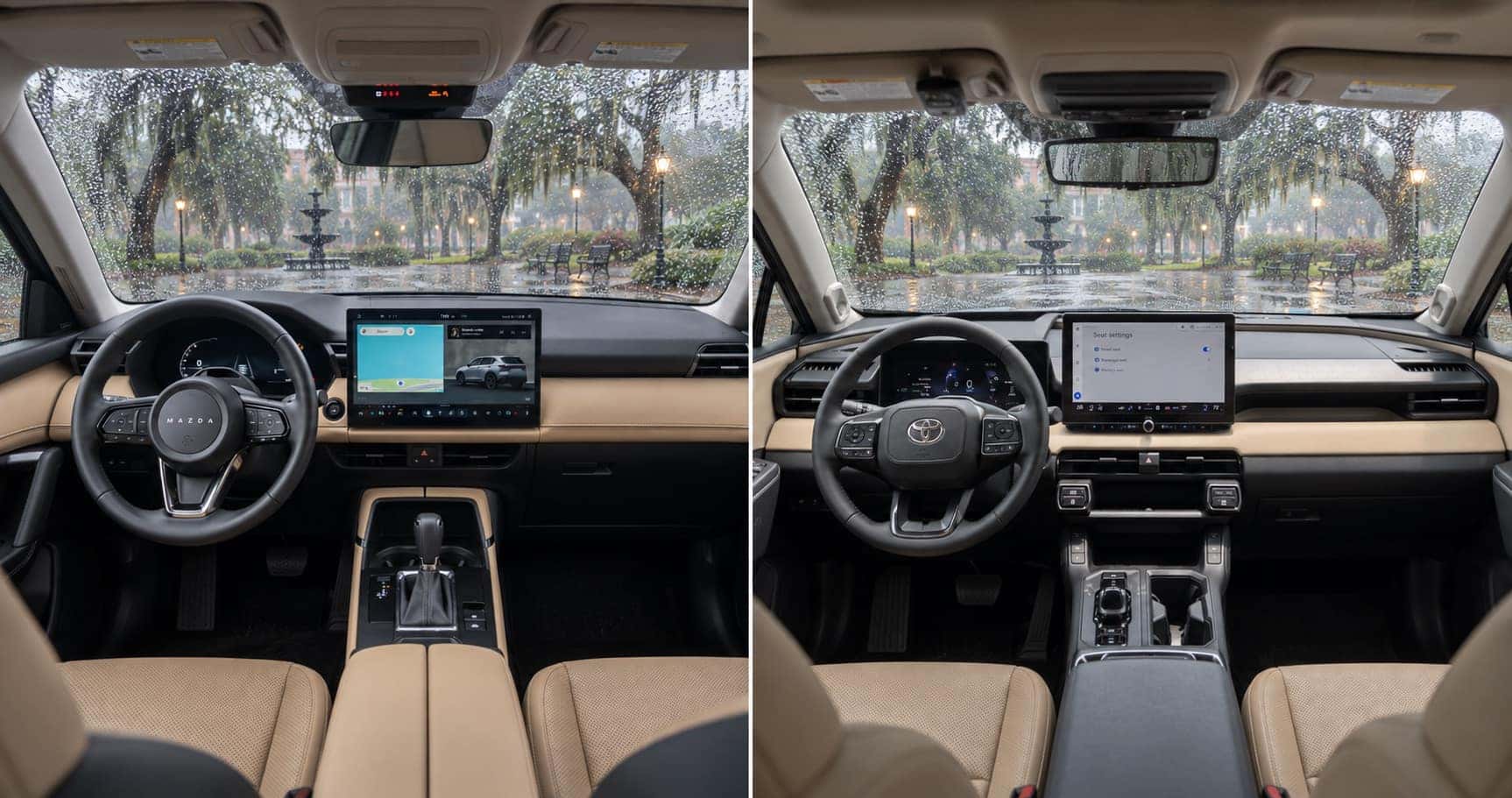 Mazda CX-5 and Toyota RAV4 interiors shown side by side on a rainy day in Savannah, GA