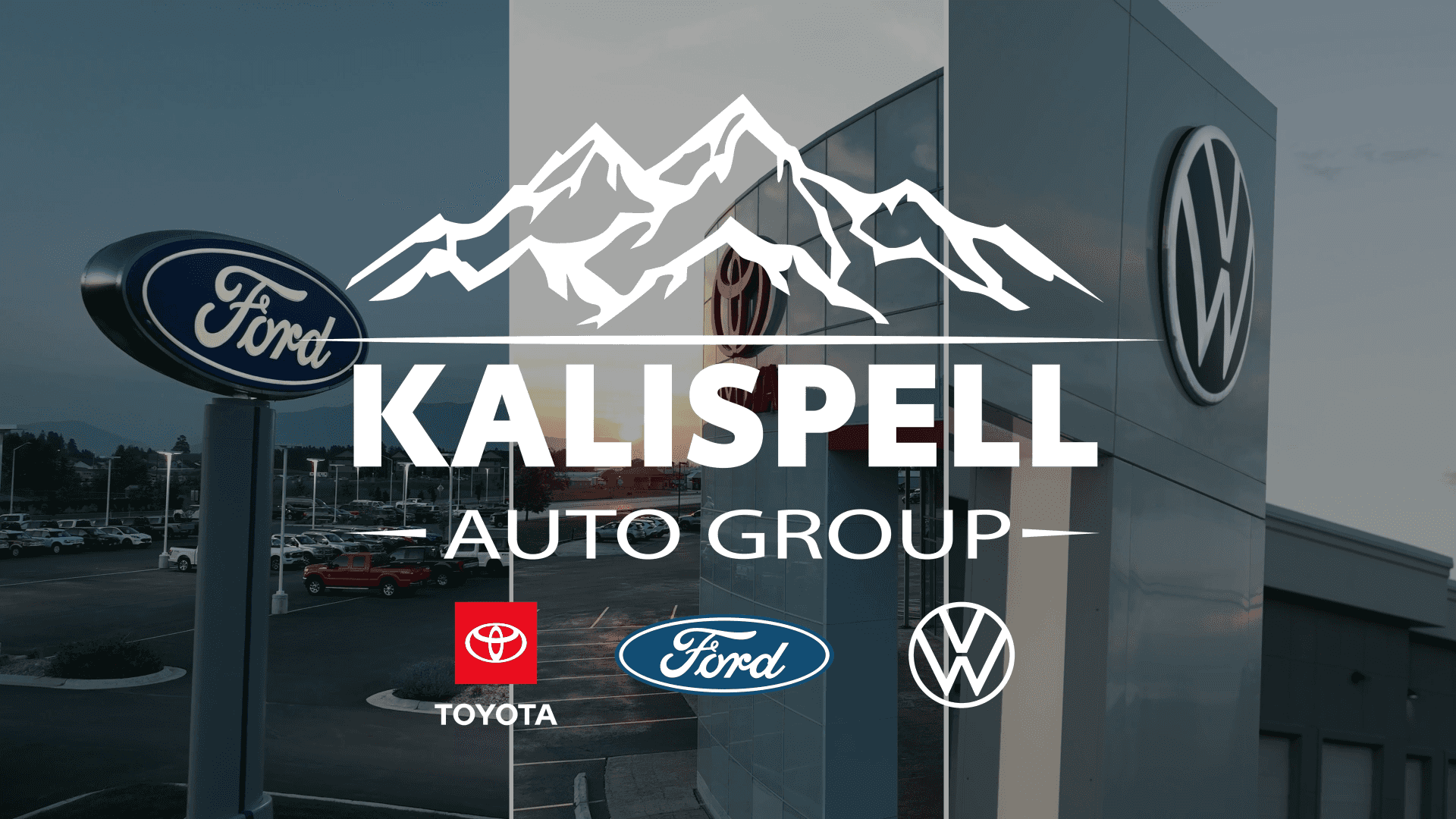 Drone shots of our Ford, Toyota and Volkswagen stores, with the Kalispell Auto Group branding