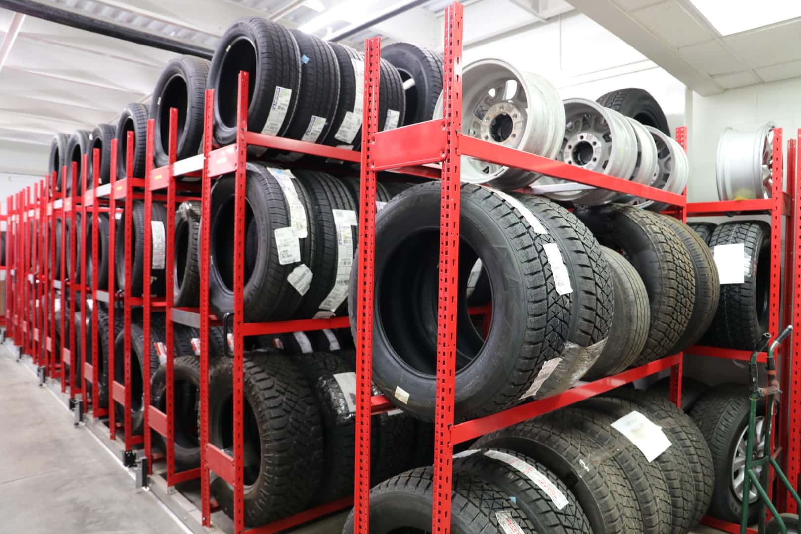 Shelves with tires on them at our Kalispell Toyota dealership