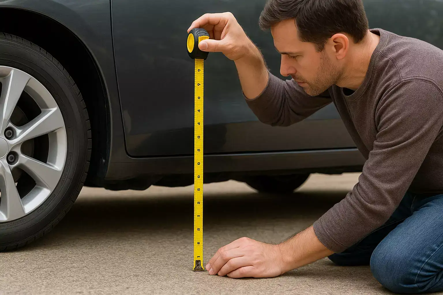 Guy measuring ground clearance of a vehicle