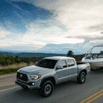 2020 Tacoma front side view towing a boat