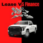 lease vs finance with 100 dollar bills falling over a white Tundra
