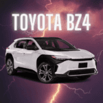 white Toyota BZ4 front drivers side view with lightning background