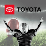 Football player with his arms up and field with football in background