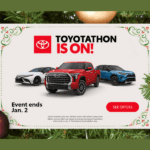 Toyotathon graphic with white Camry, red Tundra and blue Rav4