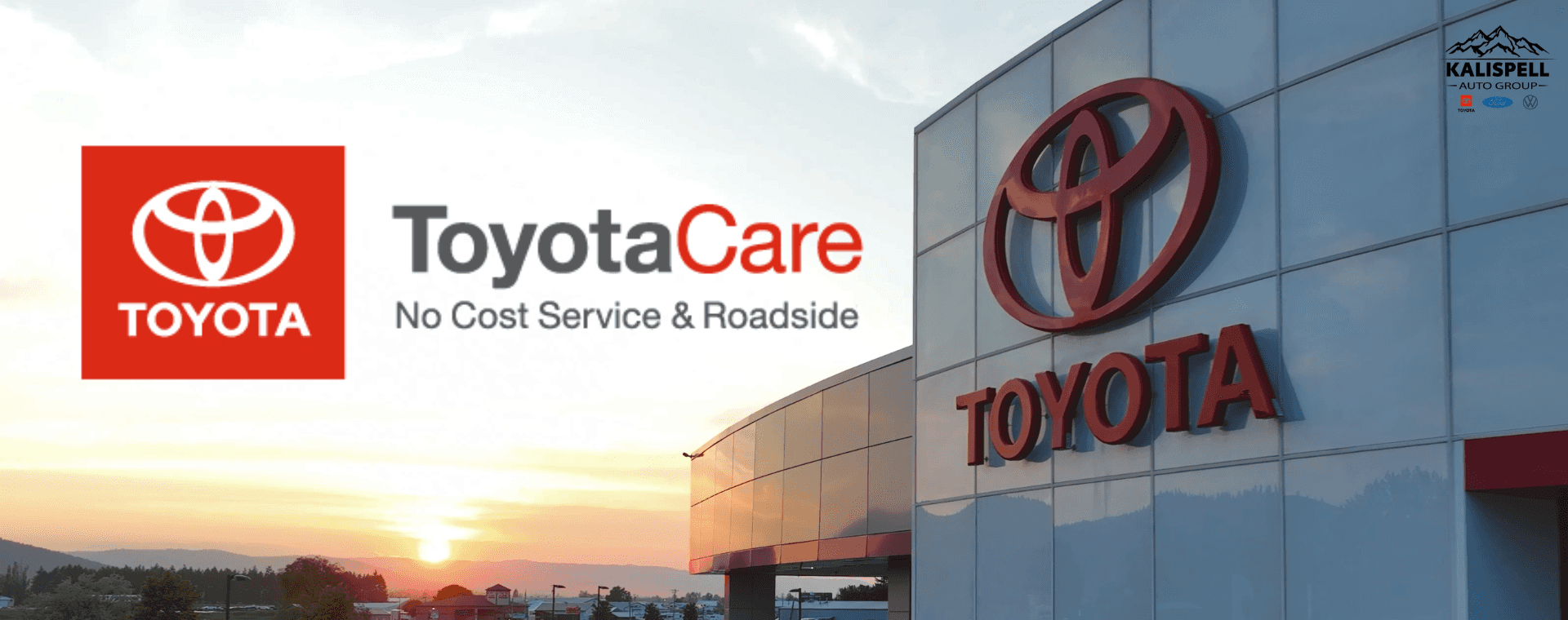 Toyota Emblem on the Kalispell Toyota building next to the Toyota Care logo