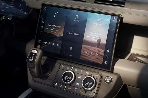 Range Rover Pivi Pro 13.1-inch touchscreen infotainment system showing navigation and media