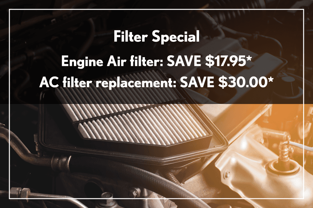 Filter special: AC filter replacement $155.95 save $30.00 off Engine Air filter $117.95 save $17.95