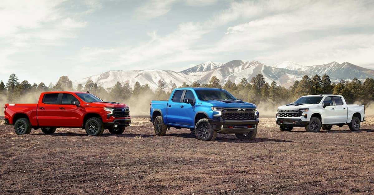 2023 Chevy Silverados Lined Up - Red Blue and White