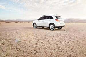 White Mitsubishi in the desert on a sunny day