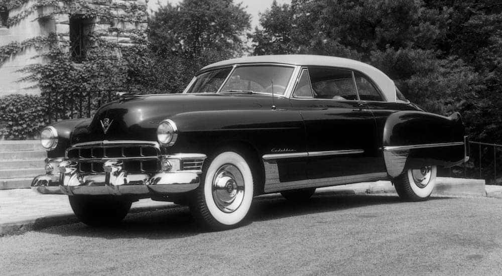 Black and white image of a 1949 Cadillac Series 62 Coupe DeVille