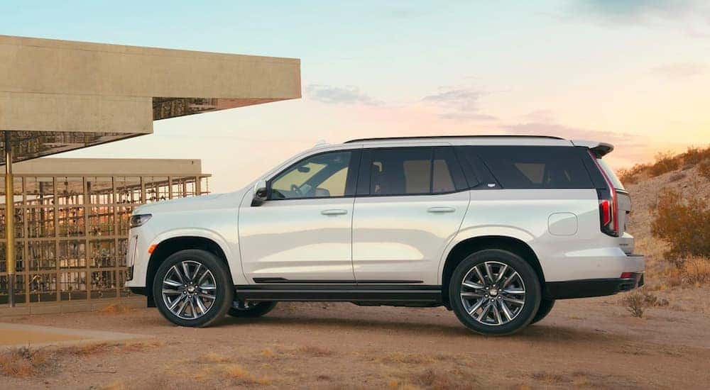 Side view of a white 2021 Cadillac Escalade parked by a brown building