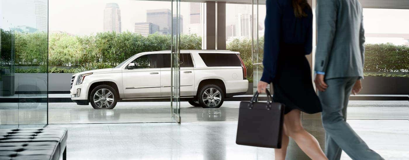 A popular used Cadillac Escalade for sale, a white 2015 Cadillac Escalade, is shown from the side outside of a city building.
