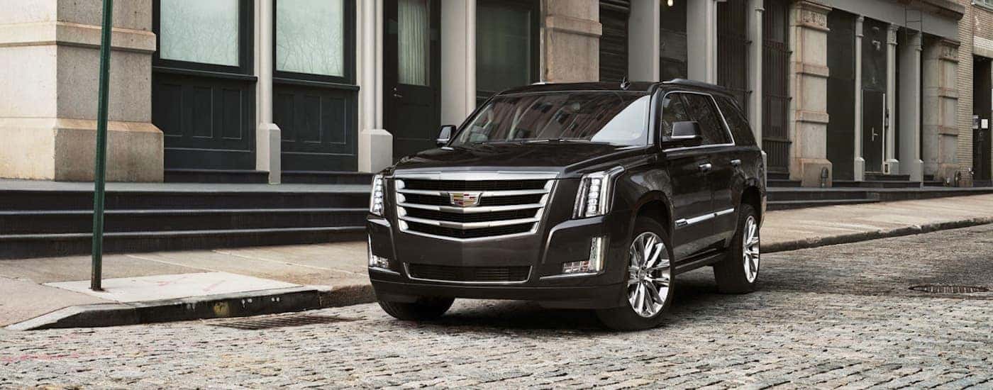 A black 2018 Cadillac Escalade is shown on a cobblestone street.